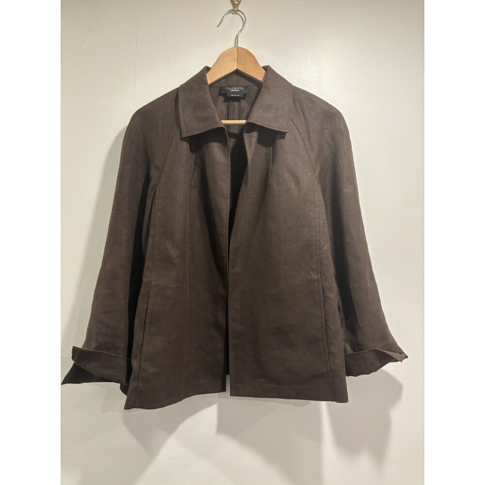 Talbots Blazer Size M 100% Irish Linen Classic Preppy Brown Office 3/4 Sleeve
